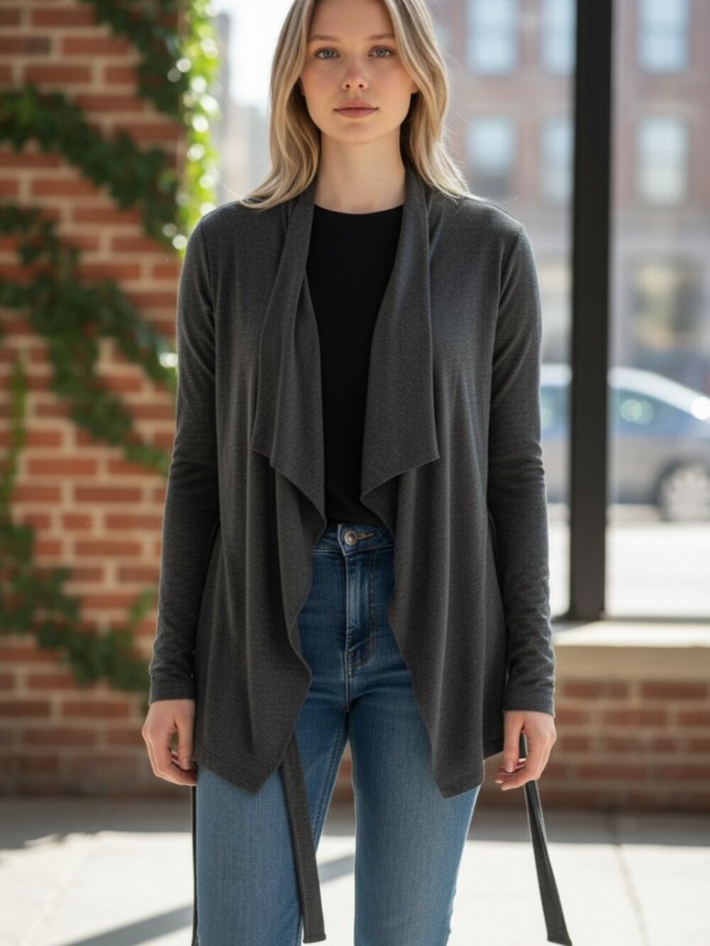 Cabi Take Two Draped Ponte Knit Wrap Cardigan Charcoal Gray L - Picture 2 of 10